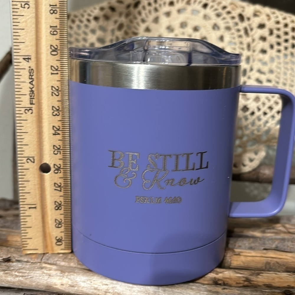 PRE OWNED BE STILL AND KNOW PSALMS 46:10 LAVENDER CAMP STYLE STAINLESS STEEL MUG - Picture 12 of 12